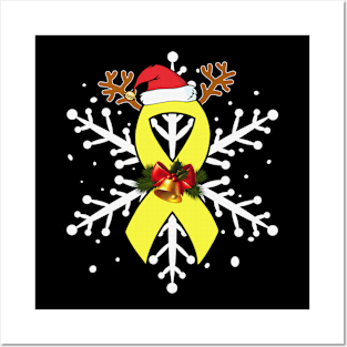 Snowflakes Christmas Santa Hat Hydrocephalus Awareness Yellow Ribbon Warrior Support Posters and Art